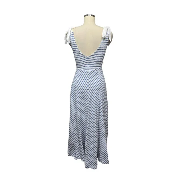 Free People Striped Smocked Midi Dress Blue White Tie Shoulder Women's M - Picture 3 of 12